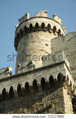 Round watchtower closeup in Greece Rhodes old city