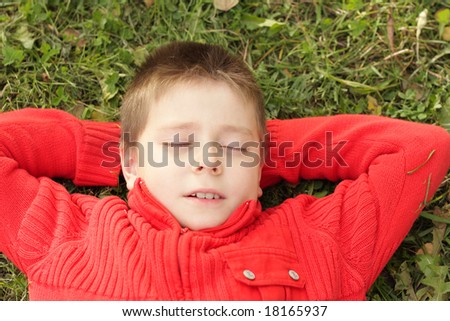 Boy in red jacket sleeping on grass