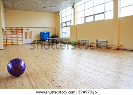 Purple ball in empty gym laying on wooden floor