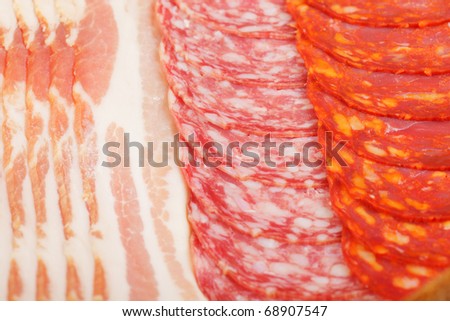 Sliced meat products in rows closeup photo