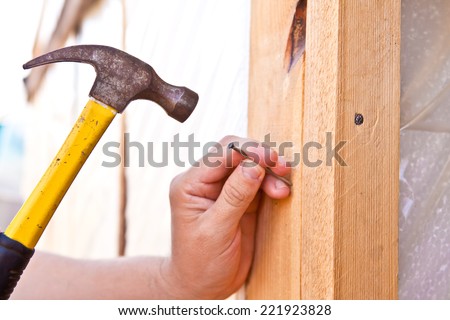 hammer a nail into a board closeup