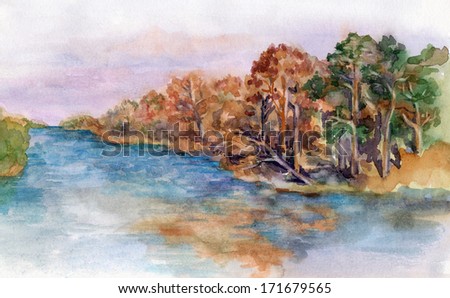 illustration, garden, river, watercolor, tree, landscape, autumn, water