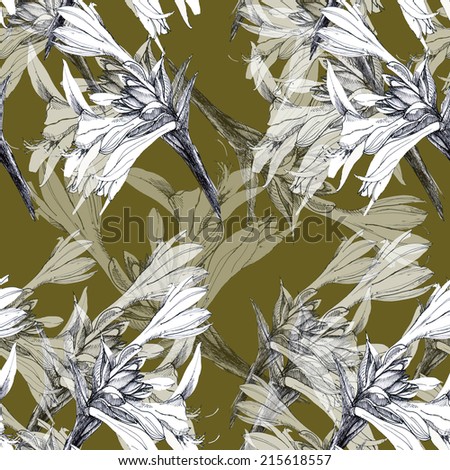 Lily flowers, graphic, pattern on a olive background