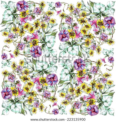 Ipomoea and yellow daisies pattern