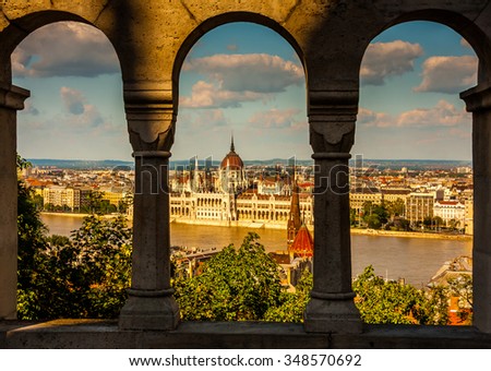 View of Danube river and Parliament building from Fishermen\'s Bastion in Budapest, Hungary.