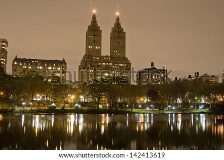 Skyline of NYC on a cold spring NYC night from Central Park.