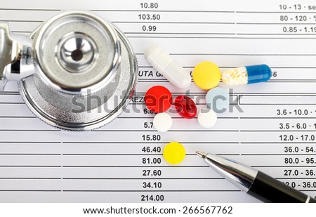 Stethoscope and colourful pills over medical record