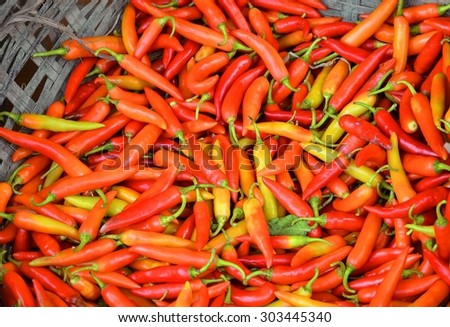 pile of long red chillies at the Vietnamese market