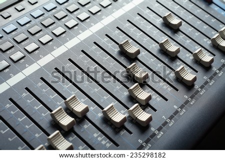 Recording studio equipment. Professional audio mixing console.