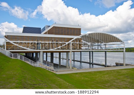 Landscape of modern architecture in a building surrounded by water