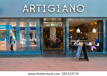 Reading, England - May13th, 2015:The existing Artigiano cafes offer a range of coffee and teas, juices and smoothies, a selection of wines, craft beers and cocktails.