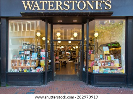 Reading, England - May13th, 2015:Waterstones, formerly Waterstone\'s, is a British book retailer that operates 275 stores and employs around 3,500 staff in the UK and Europe as of February 2014.
