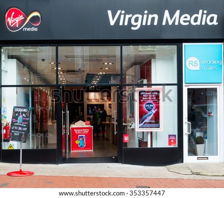 READING,ENGLAND-DECEMBER 19,2015:Virgin Media Shop in Reading,UK on December 19,2015.Virgin Media sells cable tv, fixed line telephone, broadband and mobile telephone services.