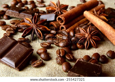 Aromatic set of chocolate,coffee,anise and cinnamon on linen