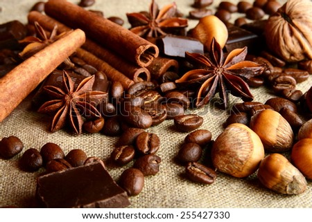 Aromatic set of chocolate,coffee,anise and cinnamon on linen