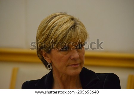 CANBERRA/AUSTRALIA - July 14, 2014 Julie Bishop, foreign minister of Australia in an interview with journalists saying, that her government is treating asylum seekers humanely and not putting them at risk.