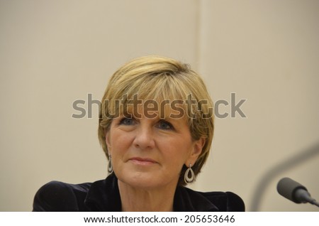 CANBERRA/AUSTRALIA - July 14, 2014  Julie Bishop, foreign minister of Australia in an interview with journalists saying, that her government is treating asylum seekers humanely and not putting them at risk.