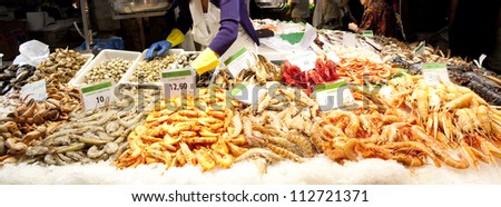 Shrimps. The fish market. in La Boqueria, market Barcelona