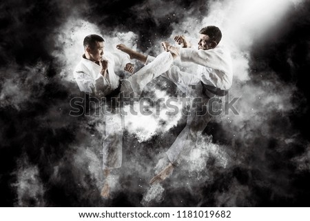 Martial arts masters, karate practice. Two male karate fighting