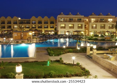Picture of a luxury arabic hotel territory at night