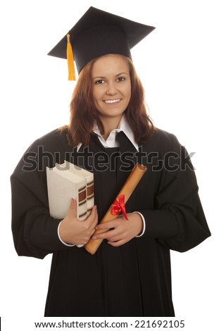 College degree. Young woman graduation holding diploma isolated on white