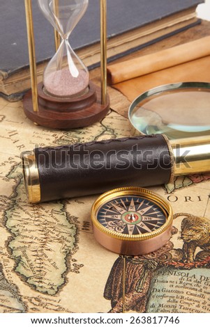 Vintage brass telescope on old antique map