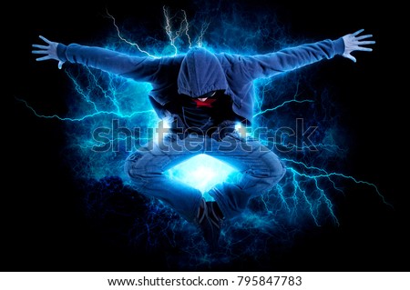 Young man break dancing on electricity light background