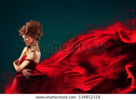 Woman In Red Blowing Flying Red Dress Dissolving In Splash