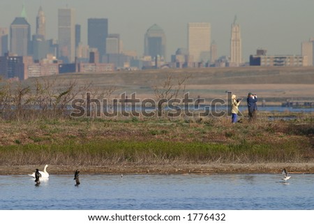 Two people birding in front of Manhattan skyline with birds in foreground, Jamaica Bay Wildlife Refuge West Pond, Queens, New York