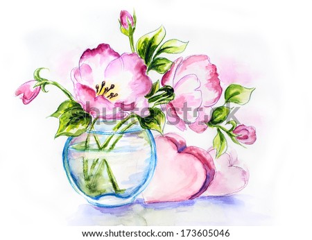 Spring flowers in vase with hearts, watercolor painting
