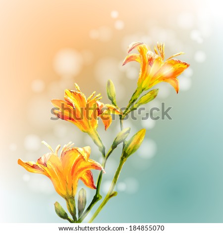 Yellow lilies flowers background. Spring flowers invitation template card