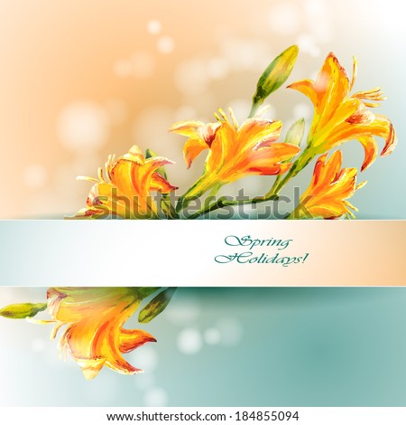 Yellow lilies flowers background. Spring flowers invitation template card