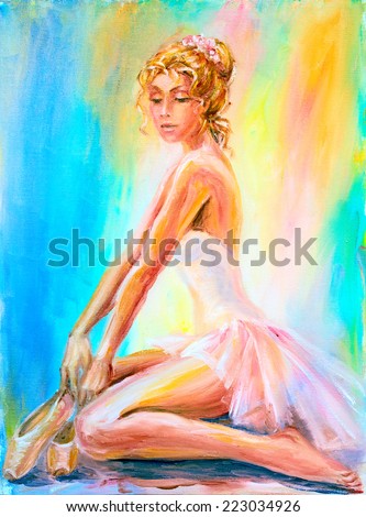 Beautiful sitting ballerina. Oil painting.