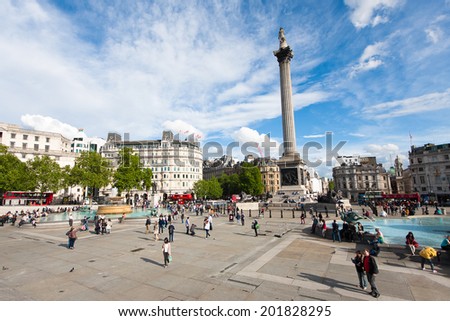 London, England - May 22, 2014: Trafalgar Square in a sunny day in London in May 22, 1014