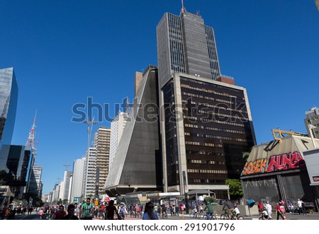 Sao Paulo, Brazil - June 28. Sunday, opening the cycle lane at Avenida Paulista, the financial center of Sao Paulo on June 28, 2015 in Sao Paulo, Brazil.