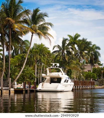 White yacht moored in marina, Florida, USA