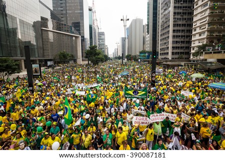 Sao Paulo, Brazil, March 13, 2016. The Brazilian people take the streets to demand  the impeachment of President Dilma, and the arrest of former President Lula, accused of corruption.