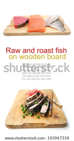 uncooked fresh sole , salmon , and red tuna fish pieces served over wooden board isolated on white background