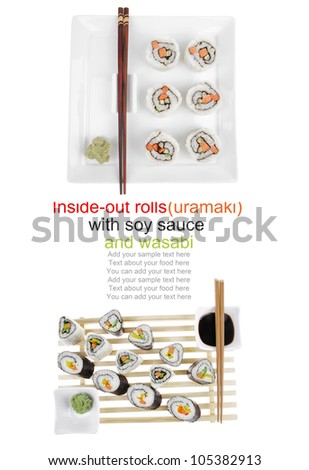 Japanese Cuisine - California Roll with Cucumber , Cream Cheese and Raw Salmon inside. Served with wasabi . Isolated over white background on square plate