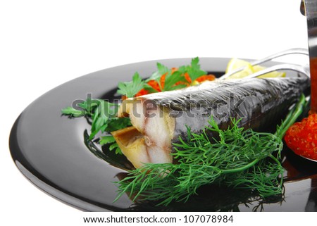image of smoked fish served with salmon red caviar