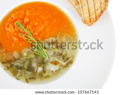 european cuisine: dual components vegetable soup with toasts isolated on white