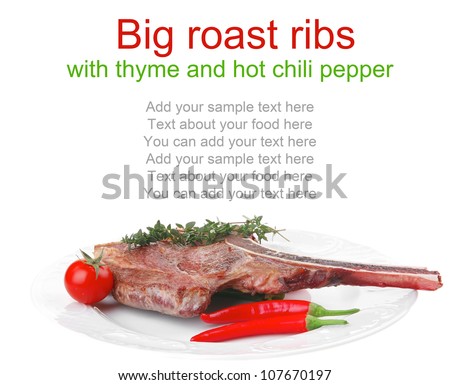 meat food : roast rib on white dish with thyme twig , pepper and tomato isolated over white background