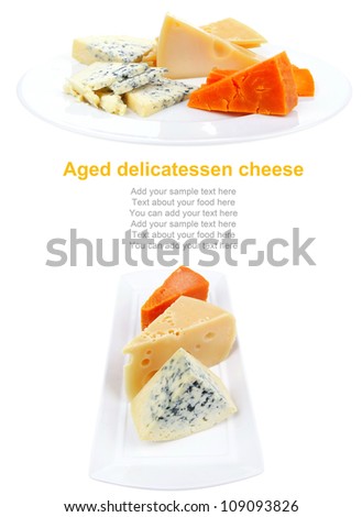 fresh aged french cheese parmesan roquefort and gruyere chops on white plate with isolated over white background
