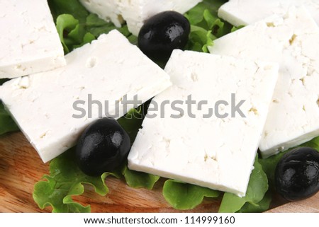 soft cheese on wooden plate with salad