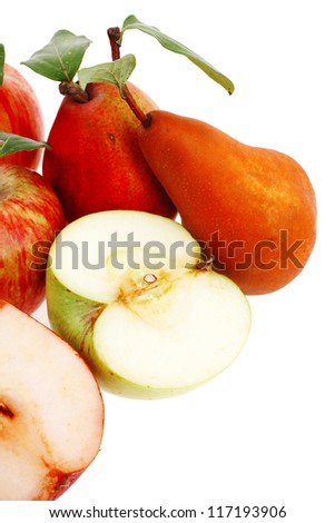 gold pear with green and red apple with half isolated over white background