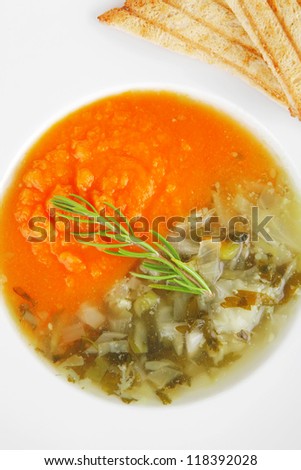 european cuisine: vegetable soup with toasts on white dish isolated