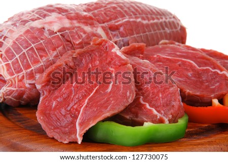 raw meat on wood over white background