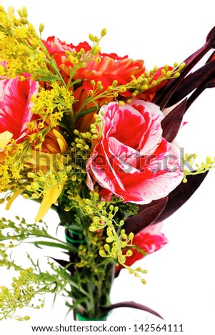 red and orange gerbera, tuberose and gold mums flowers bouquet isolated on a pure white background
