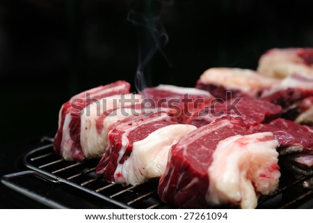fresh red uncooked cuts of meat on bbq