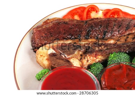 steak and red hot sauces on light dish